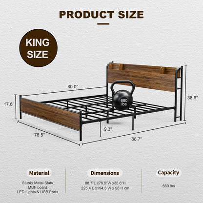 LED Bed Frame with Storage Shelf Headboard & Charging Station with Strong Steel Slats No Box Spring