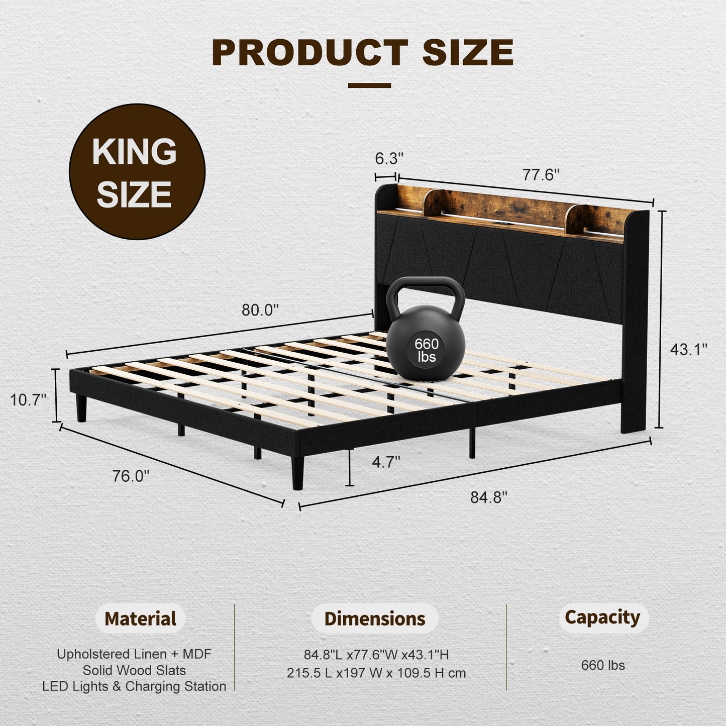 LED Bed Frame with Charging Station & Storage Shelf Upholstered Headboard,No Box Spring Needed