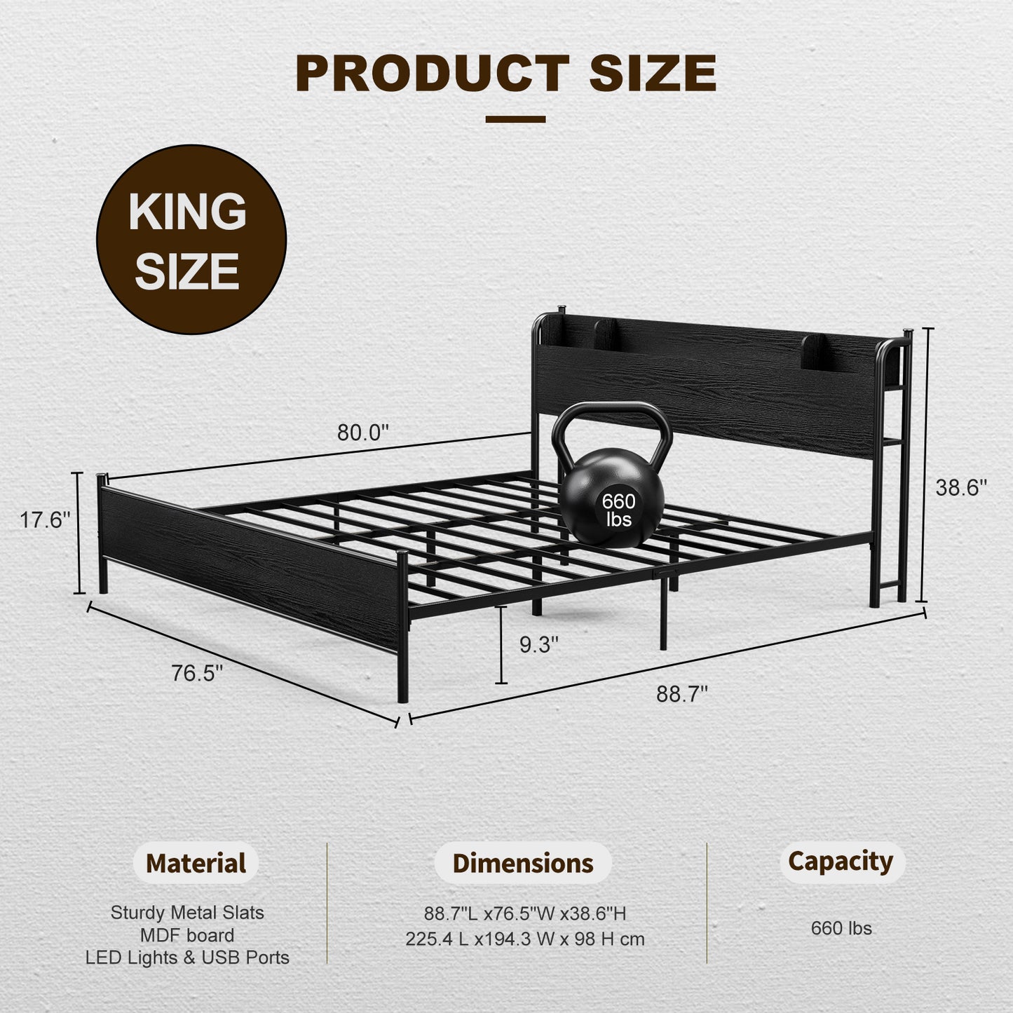 LED Bed Frame with Storage Shelf Headboard & Charging Station with Strong Steel Slats No Box Spring