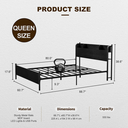 LED Bed Frame with Storage Shelf Headboard & Charging Station with Strong Steel Slats No Box Spring