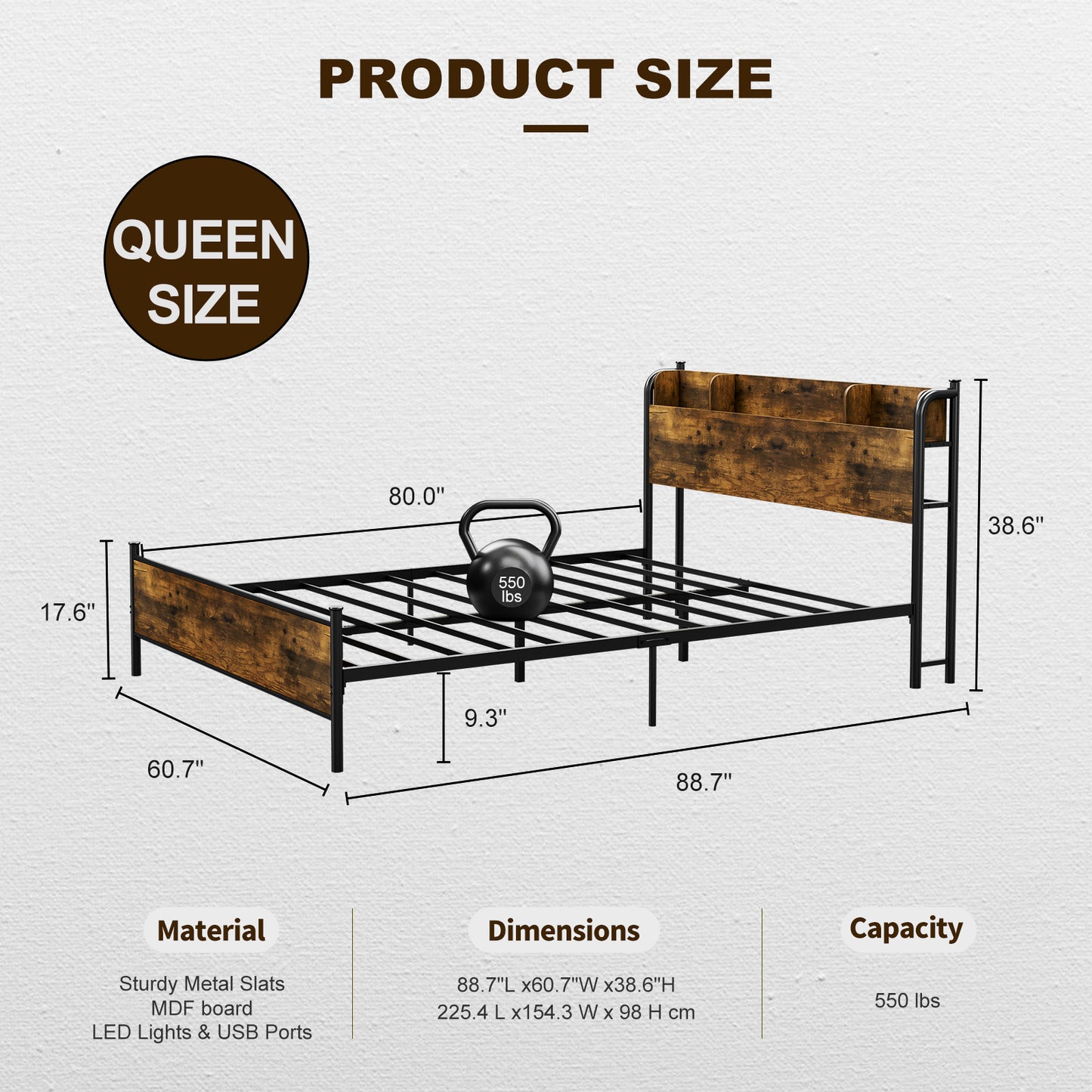 LED Bed Frame with Storage Shelf Headboard & Charging Station with Strong Steel Slats No Box Spring