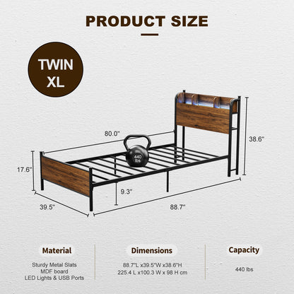 LED Bed Frame with Storage Shelf Headboard & Charging Station with Strong Steel Slats No Box Spring