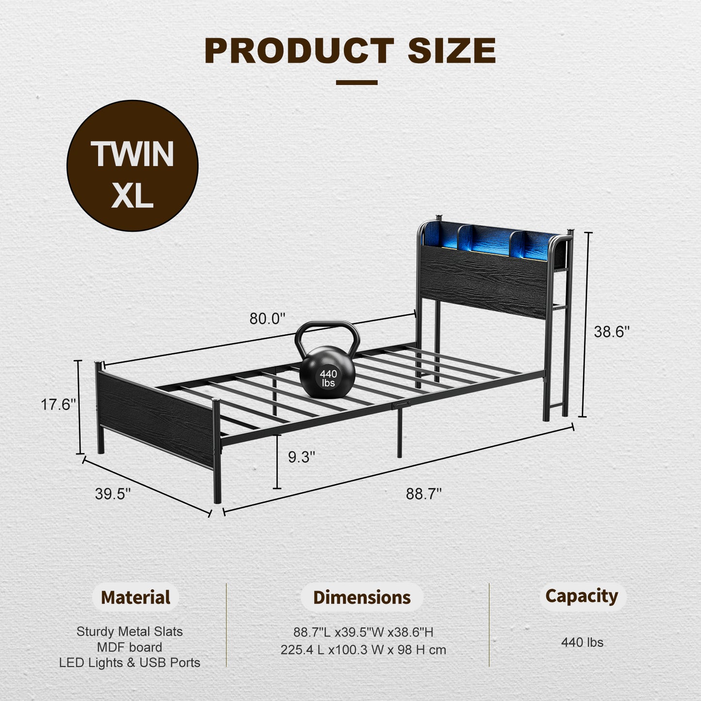 LED Bed Frame with Storage Shelf Headboard & Charging Station with Strong Steel Slats No Box Spring