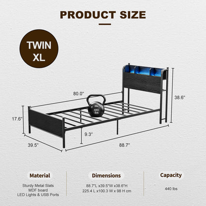 LED Bed Frame with Storage Shelf Headboard & Charging Station with Strong Steel Slats No Box Spring