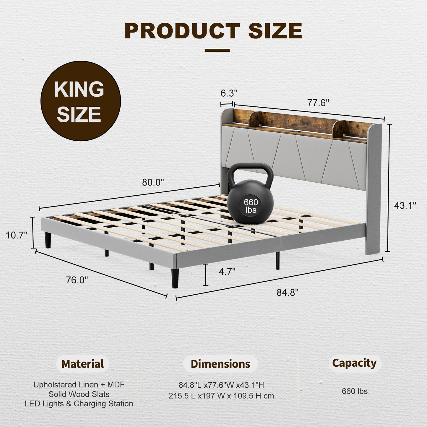 LED Bed Frame with Charging Station & Storage Shelf Upholstered Headboard,No Box Spring Needed