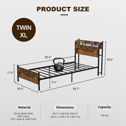LED Bed Frame with Storage Shelf Headboard & Charging Station with Strong Steel Slats No Box Spring