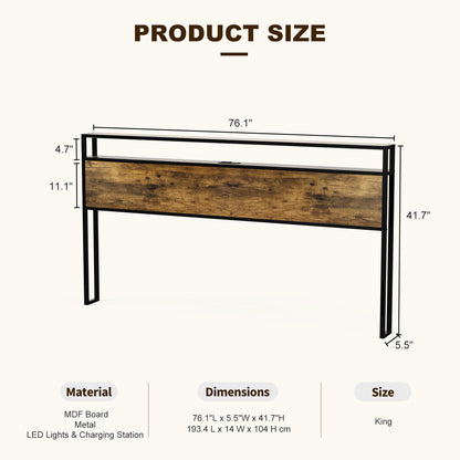 Metal Storage Headboard With RGB LED Light & Charging Station