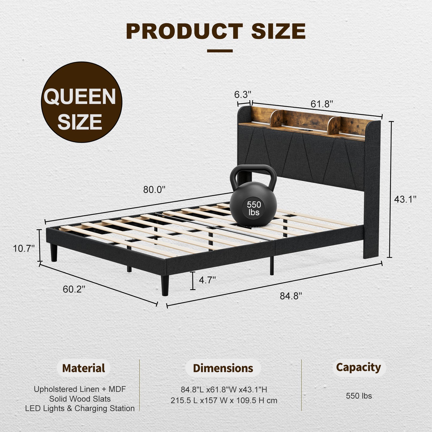 LED Bed Frame with Charging Station & Storage Shelf Upholstered Headboard,No Box Spring Needed