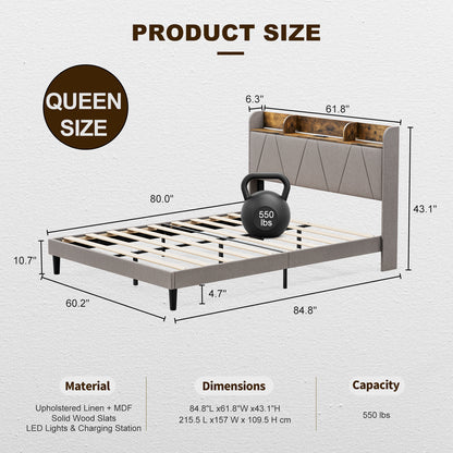 LED Bed Frame with Charging Station & Storage Shelf Upholstered Headboard,No Box Spring Needed