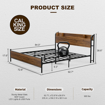 LED Bed Frame with Storage Shelf Headboard & Charging Station with Strong Steel Slats No Box Spring