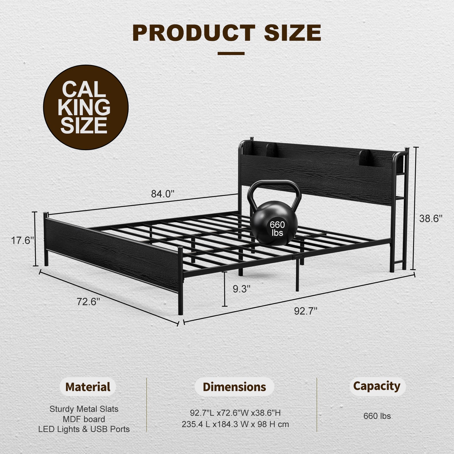 LED Bed Frame with Storage Shelf Headboard & Charging Station with Strong Steel Slats No Box Spring