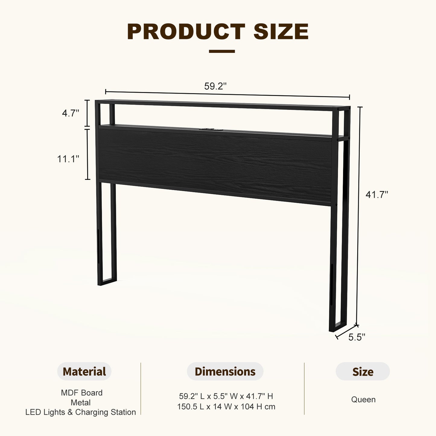Metal Storage Headboard With RGB LED Light & Charging Station