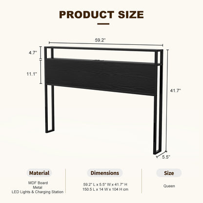 Metal Storage Headboard With RGB LED Light & Charging Station