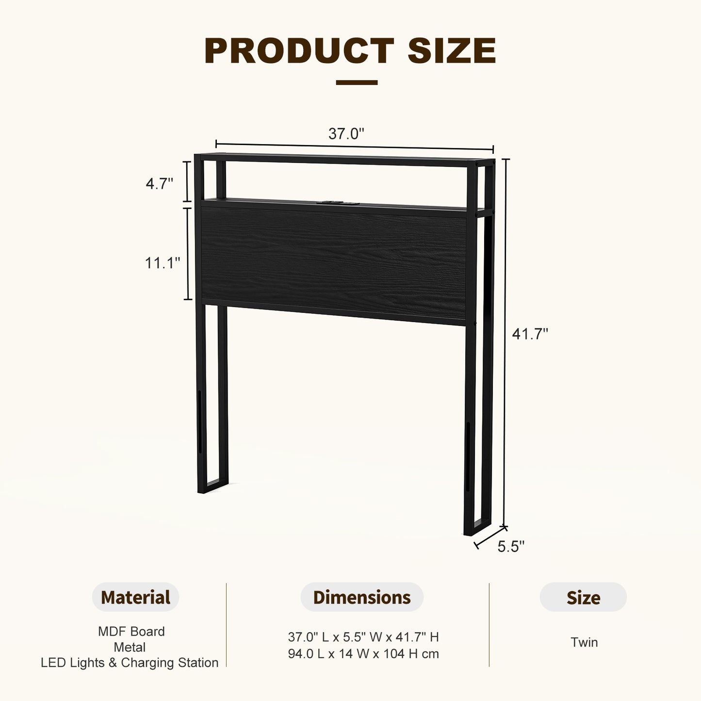 Metal Storage Headboard With RGB LED Light & Charging Station