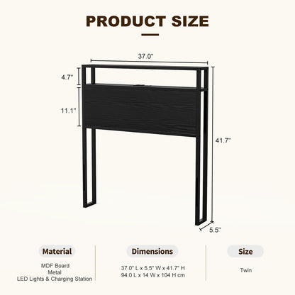 Metal Storage Headboard With RGB LED Light & Charging Station