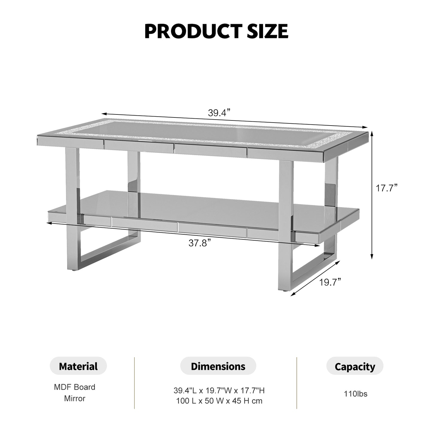 Rectangle Mirrored Coffee Table 2-Tier with Crushed Diamond
