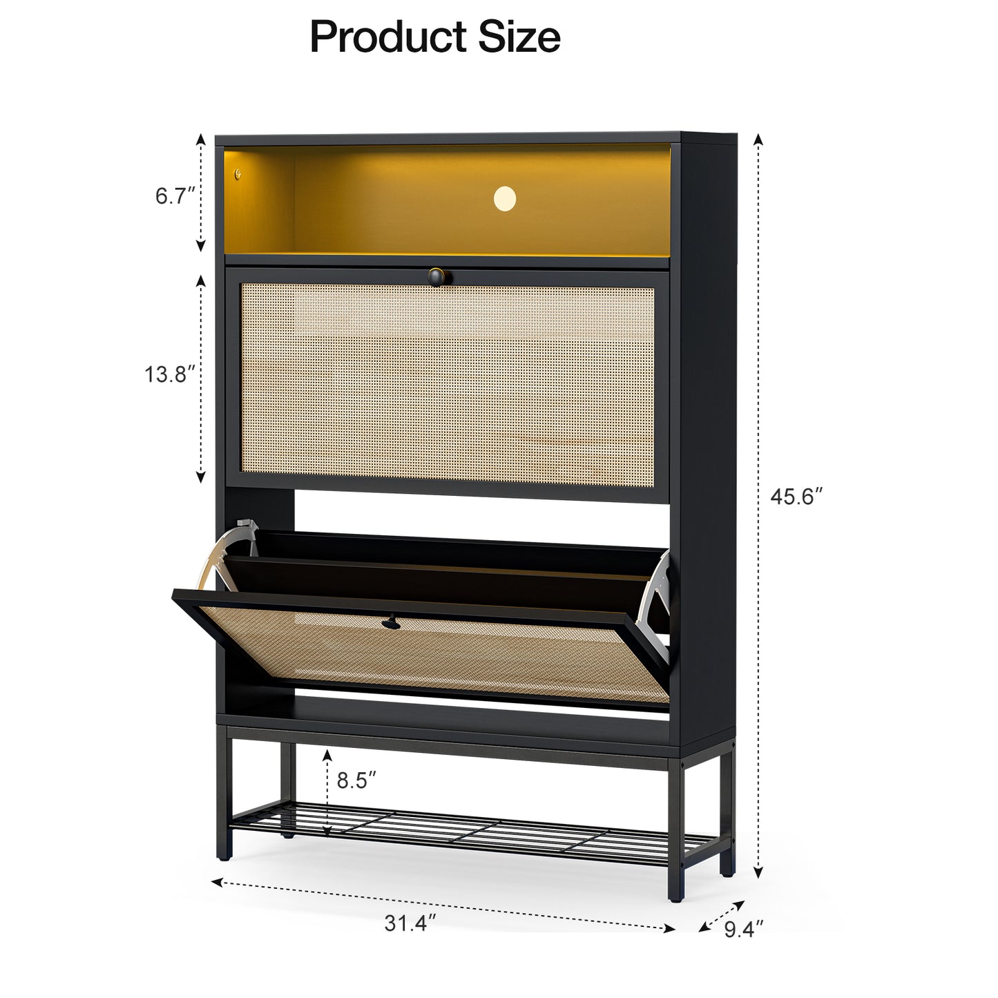 Rattan Shoe Cabinet with LED Light, 2 Flip Drawers & Open Shelves