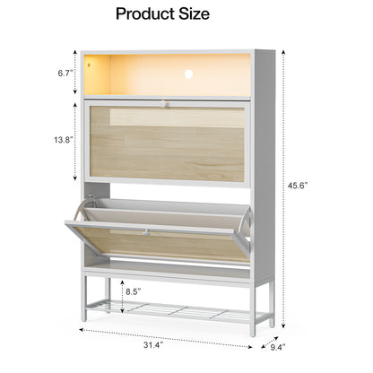 Rattan Shoe Cabinet with LED Light, 2 Flip Drawers & Open Shelves