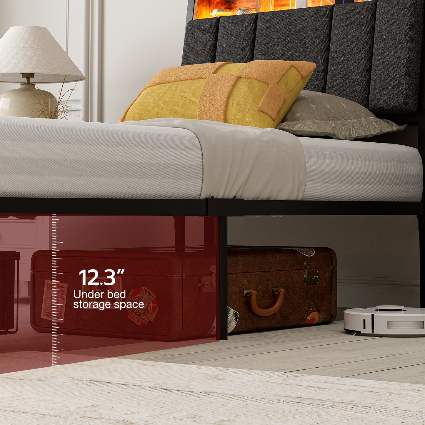 LED Bed Frames with Storage Drawers, Storage Upholstered headboard with Charging Station