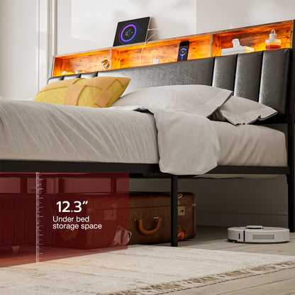 LED Bed Frames with Storage Drawers, Storage Upholstered headboard with Charging Station