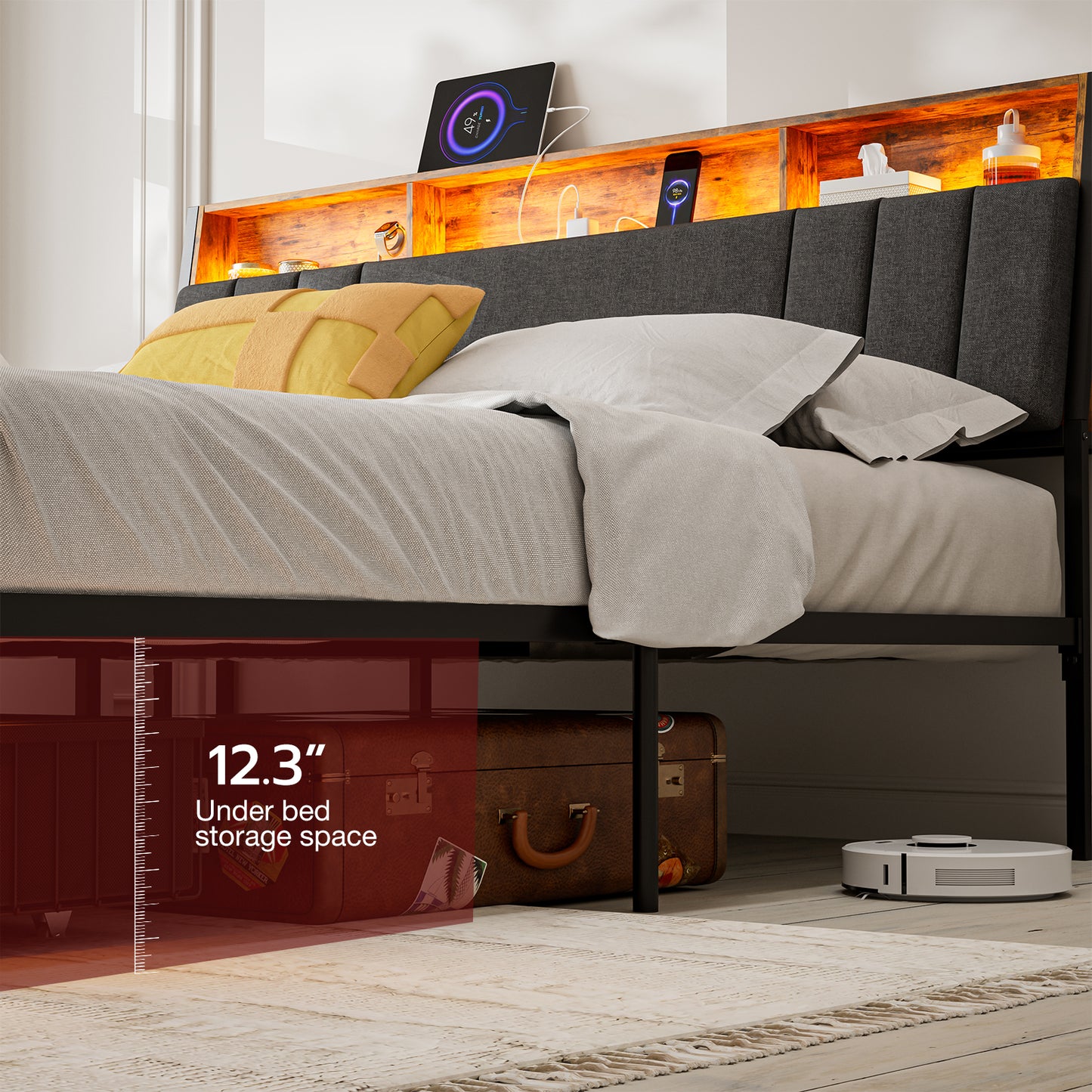 LED Bed Frames with Storage Drawers, Storage Upholstered headboard with Charging Station