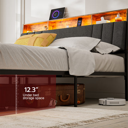 LED Bed Frames with Storage Drawers, Storage Upholstered headboard with Charging Station