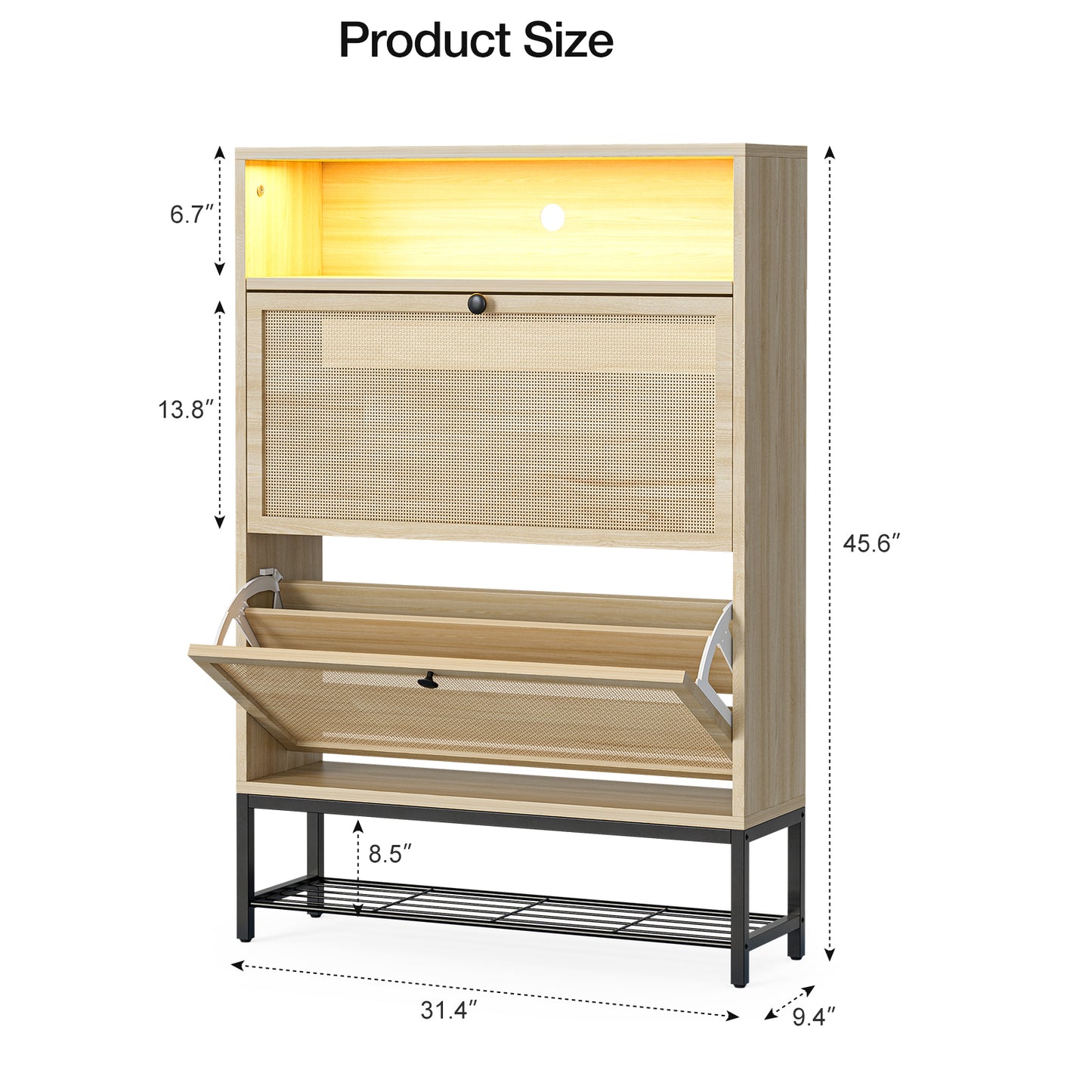 Rattan Shoe Cabinet with LED Light, 2 Flip Drawers & Open Shelves