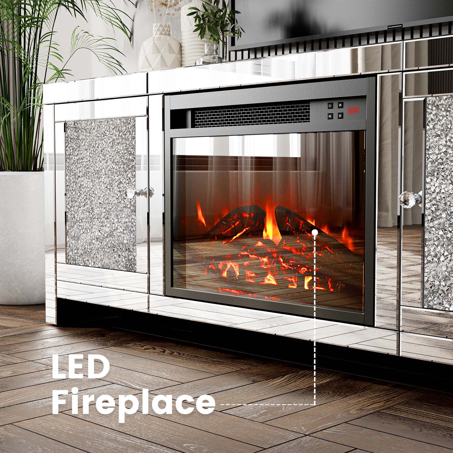 Fireplace Mirrored TV Stand with Remote Colors Changing LED Fireplace, Entertainment Center for Living Room