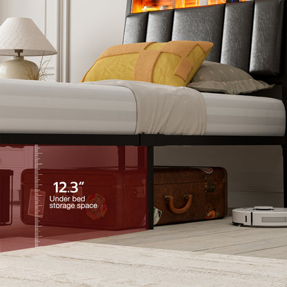LED Bed Frames with Storage Drawers, Storage Upholstered headboard with Charging Station