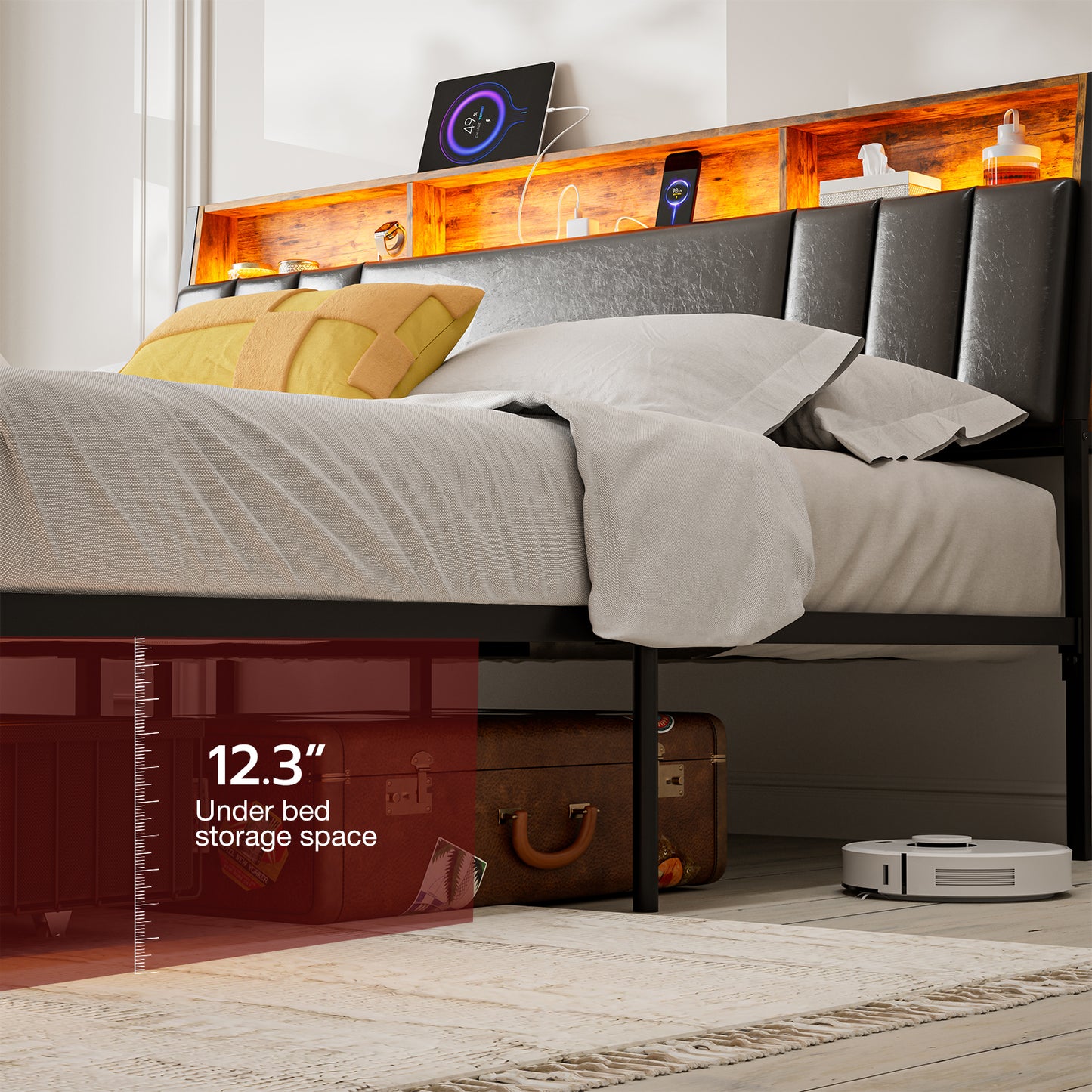 LED Bed Frames with Storage Drawers, Storage Upholstered headboard with Charging Station
