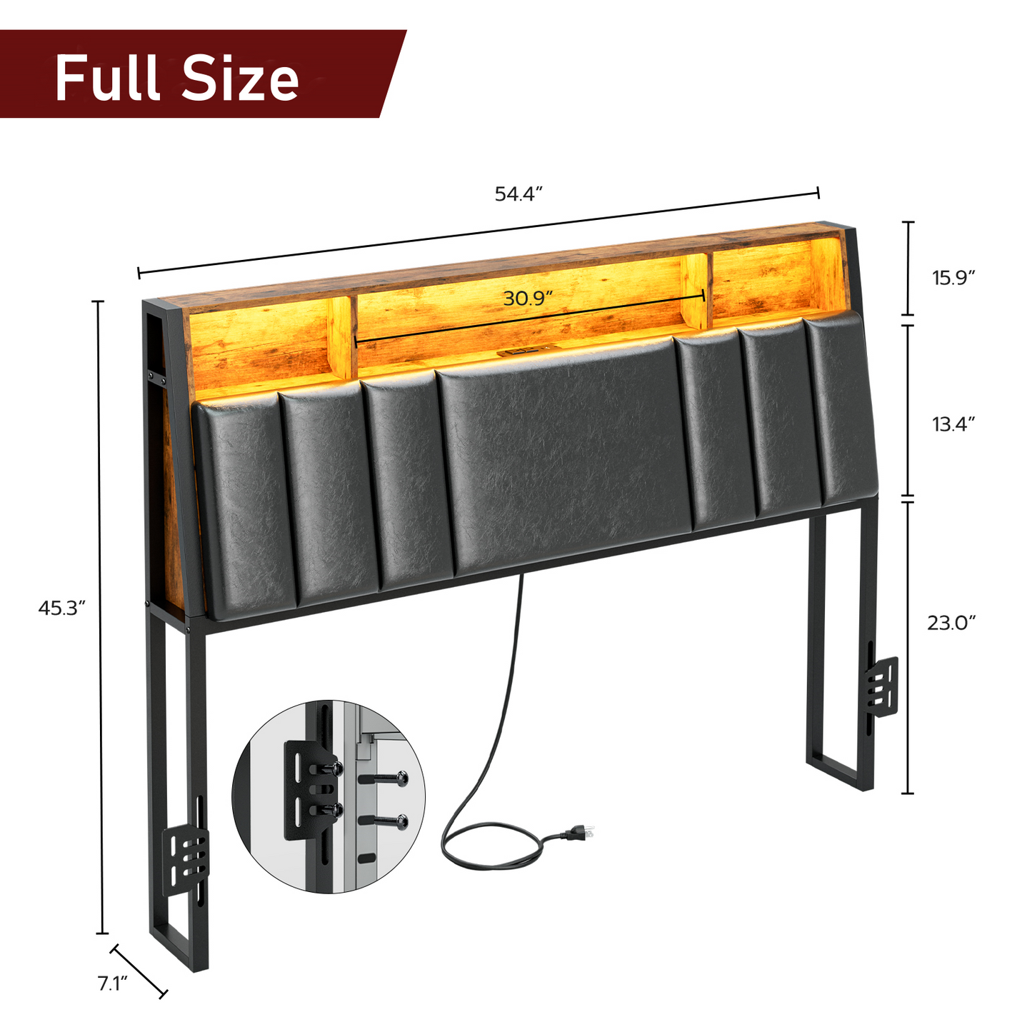 Headboard with Charging Station, LED Lights and Hidden Storage