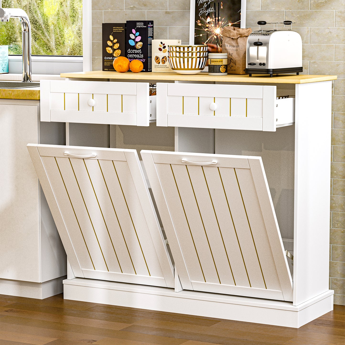 Tilt Out Trash Cabinet, Kitchen Hidden Garbage Can 10 Gallon