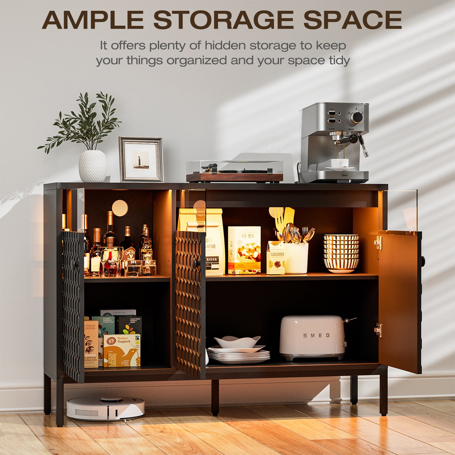 LED Buffet Cabinet with Power Outlet,3 Doors Sideboard Cabinet Table
