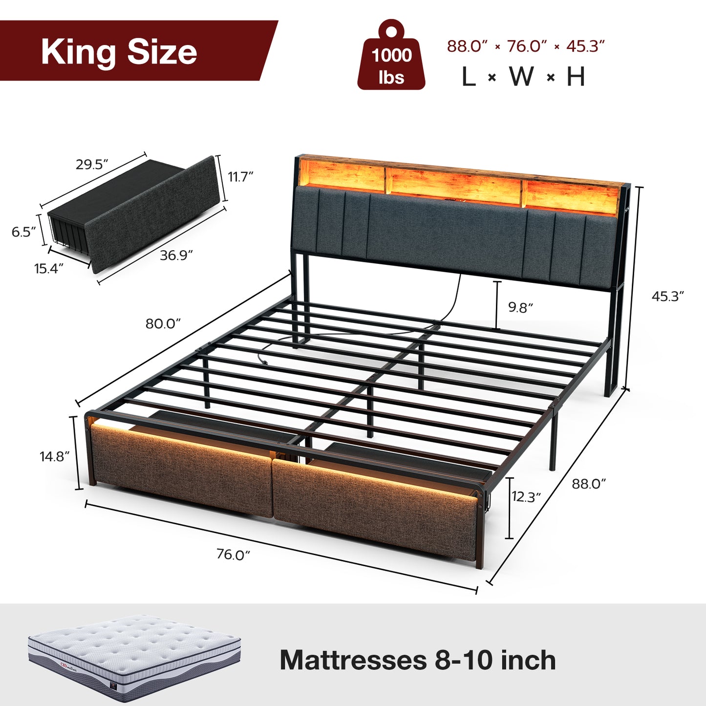 LED Bed Frames with Storage Drawers, Storage Upholstered headboard with Charging Station