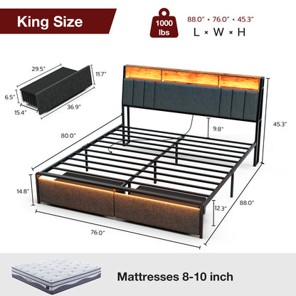 LED Bed Frames with Storage Drawers, Storage Upholstered headboard with Charging Station