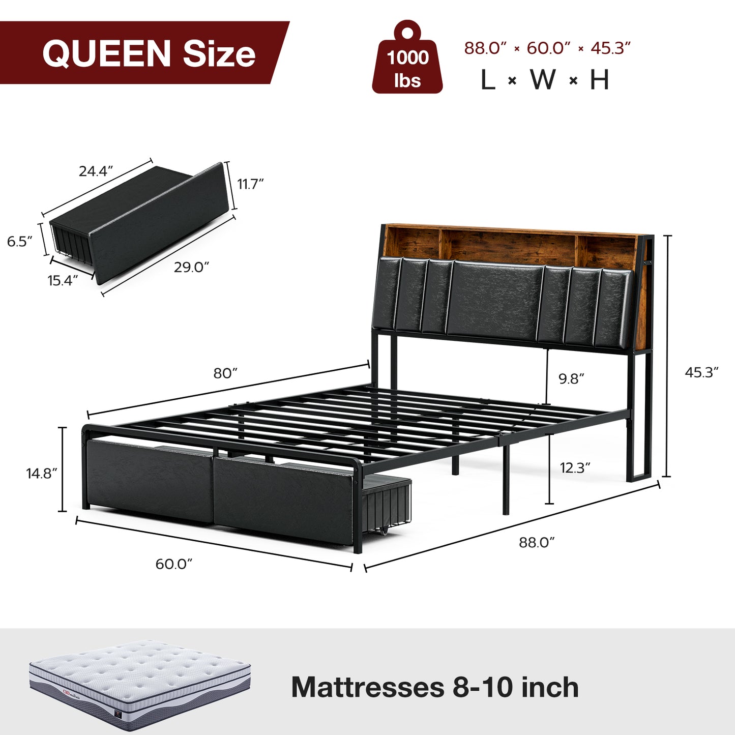 LED Bed Frames with Storage Drawers, Storage Upholstered headboard with Charging Station