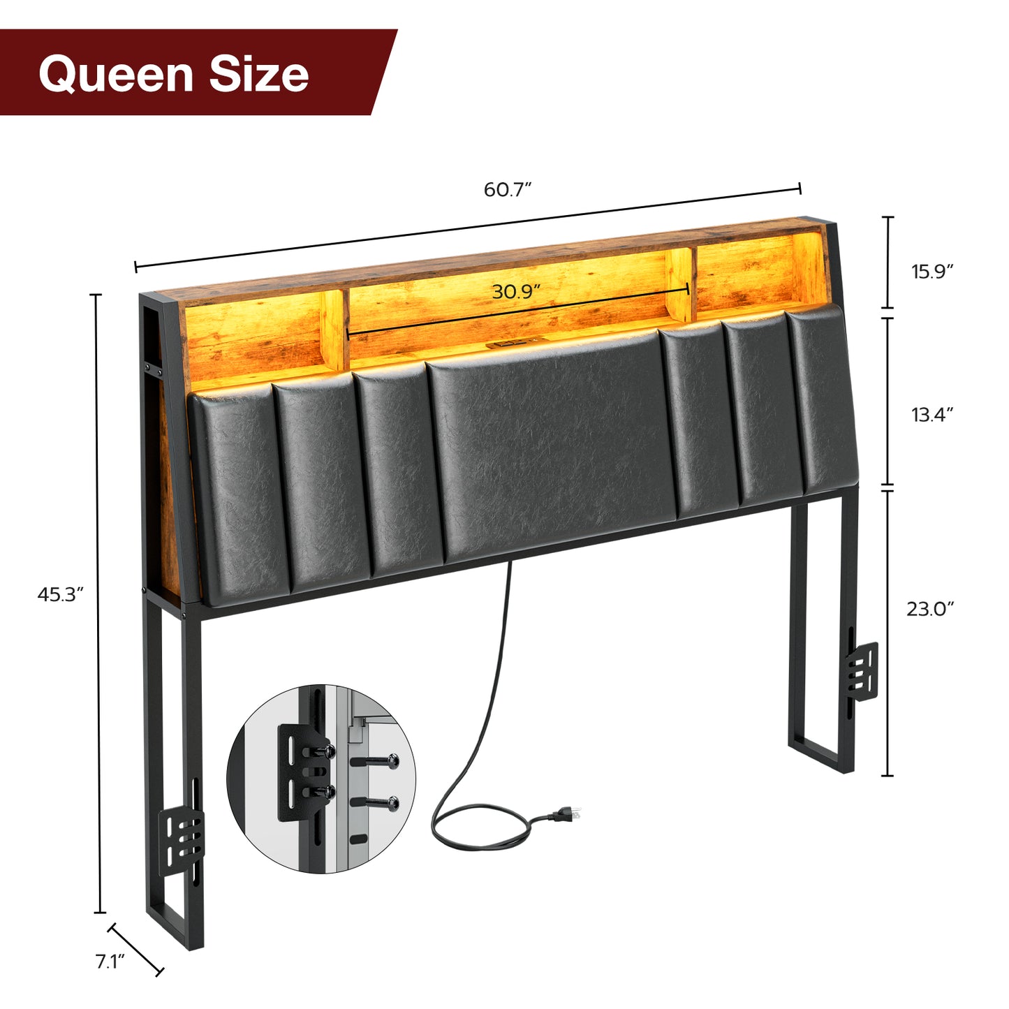 Headboard with Charging Station, LED Lights and Hidden Storage