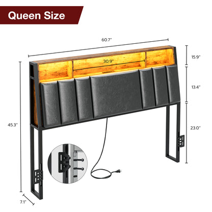 Headboard with Charging Station, LED Lights and Hidden Storage