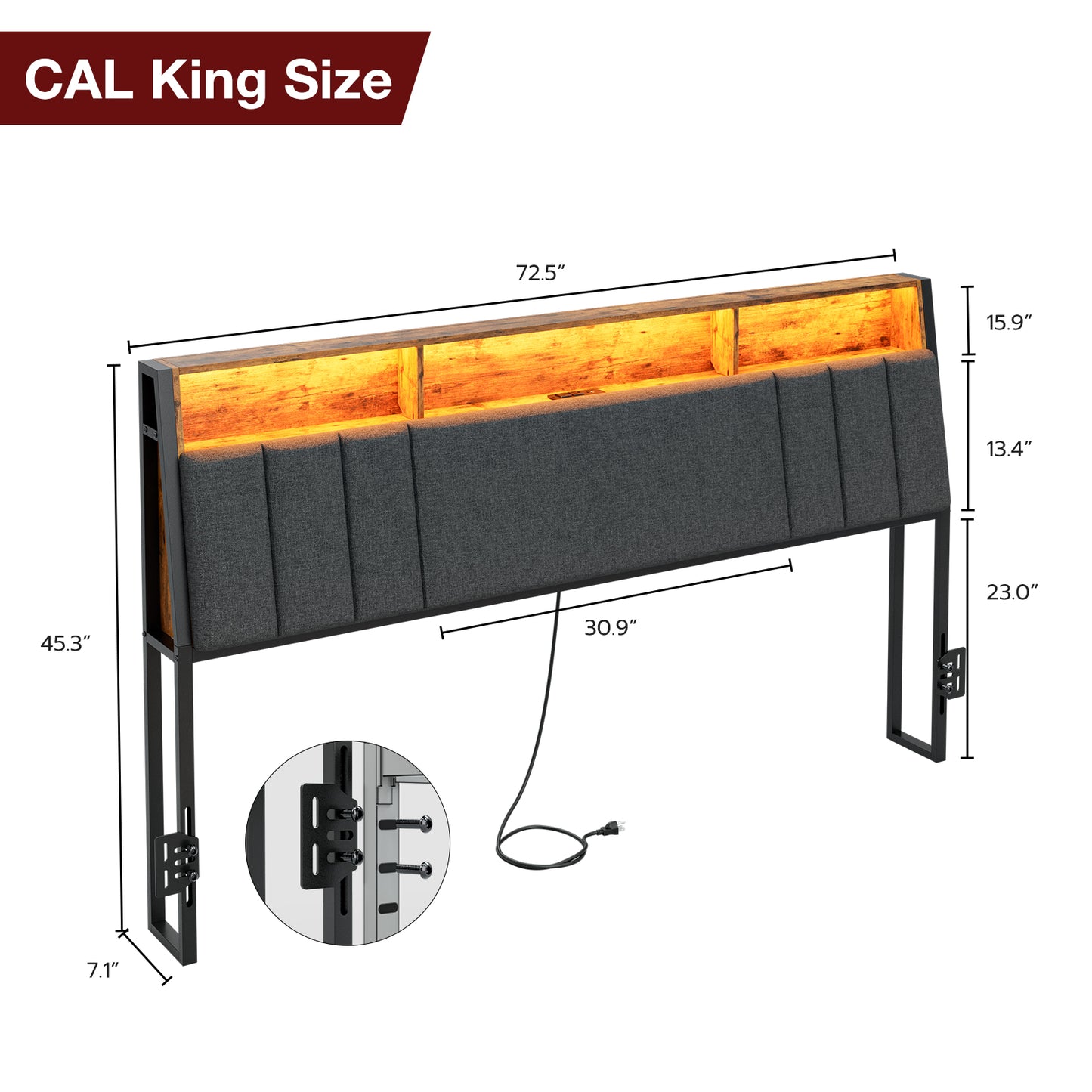 Headboard with Charging Station, LED Lights and Hidden Storage