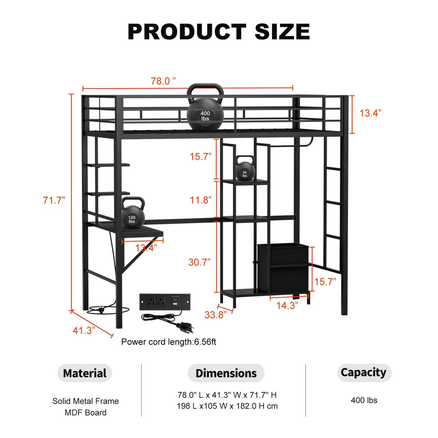 Metal Twin Loft Bed with Desk and Storage Shelves, LED Lights & Charging Station, Loft Bed Frame with 13.4” Guardrail