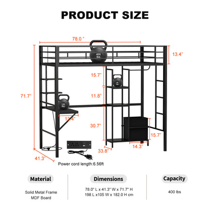 Metal Twin Loft Bed with Desk and Storage Shelves, LED Lights & Charging Station, Loft Bed Frame with 13.4” Guardrail