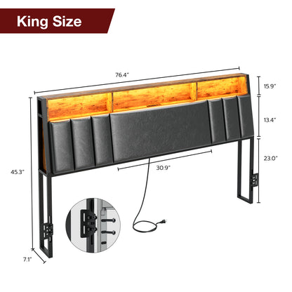 Headboard with Charging Station, LED Lights and Hidden Storage