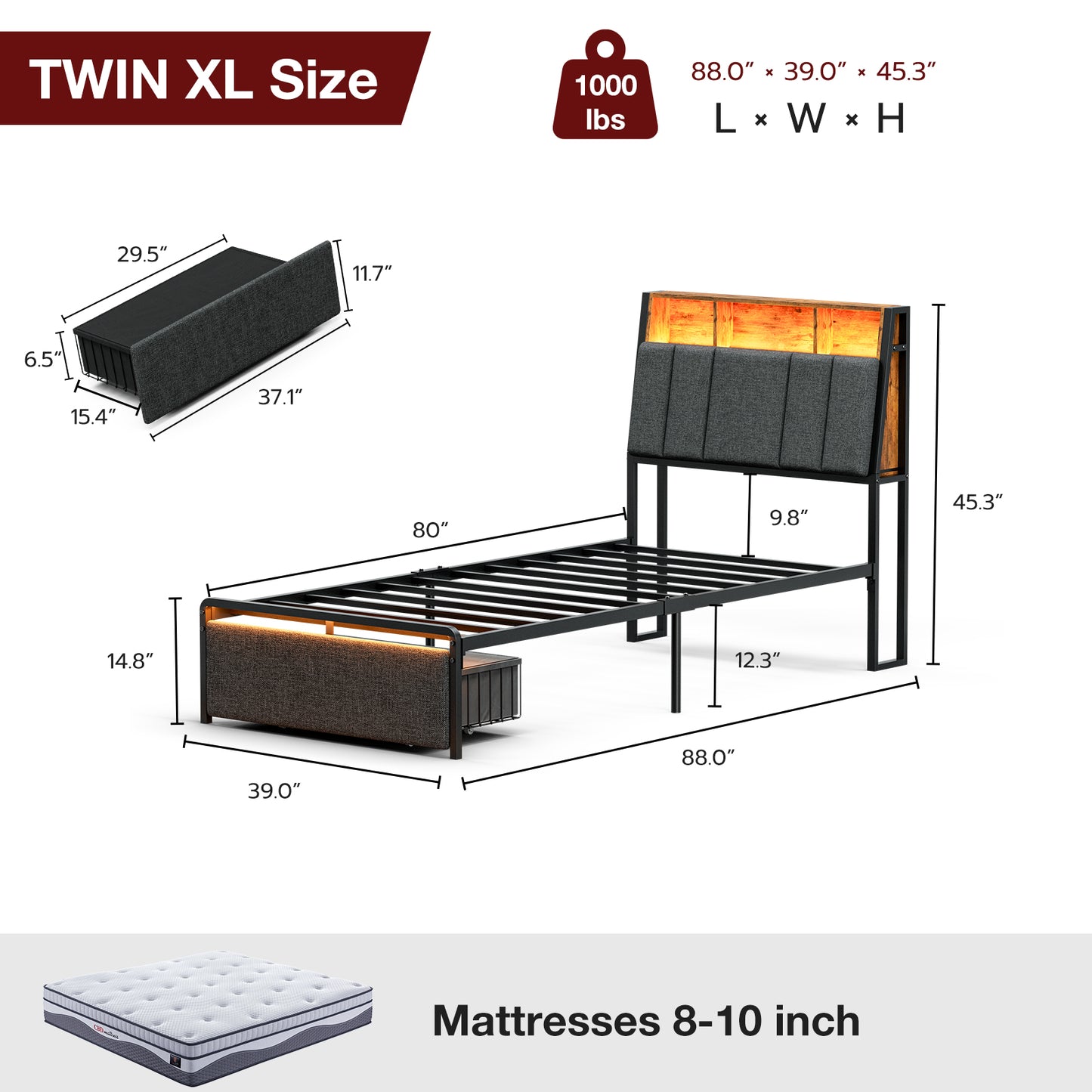 LED Bed Frames with Storage Drawers, Storage Upholstered headboard with Charging Station
