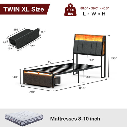 LED Bed Frames with Storage Drawers, Storage Upholstered headboard with Charging Station