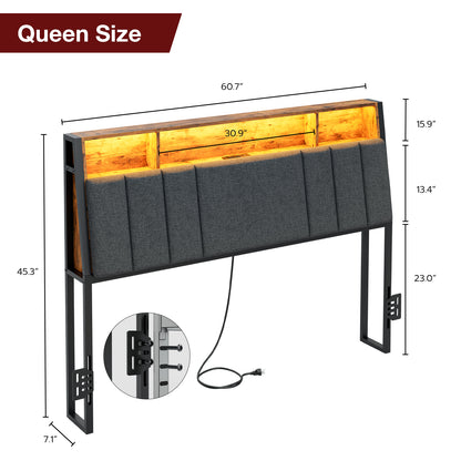 Headboard with Charging Station, LED Lights and Hidden Storage