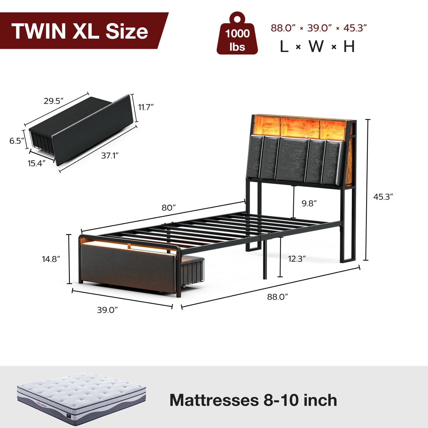 LED Bed Frames with Storage Drawers, Storage Upholstered headboard with Charging Station