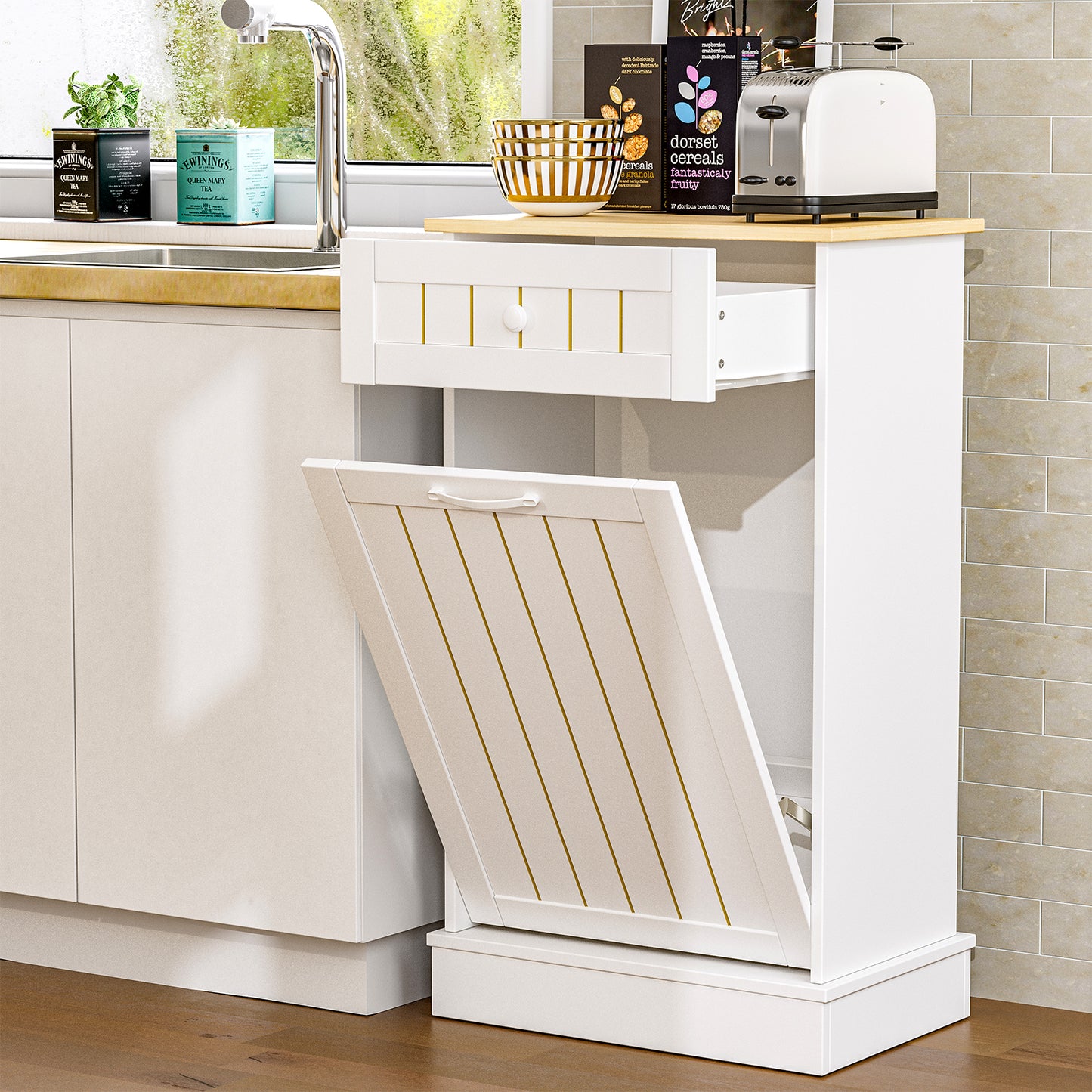 Tilt Out Trash Cabinet, Kitchen Hidden Garbage Can 10 Gallon