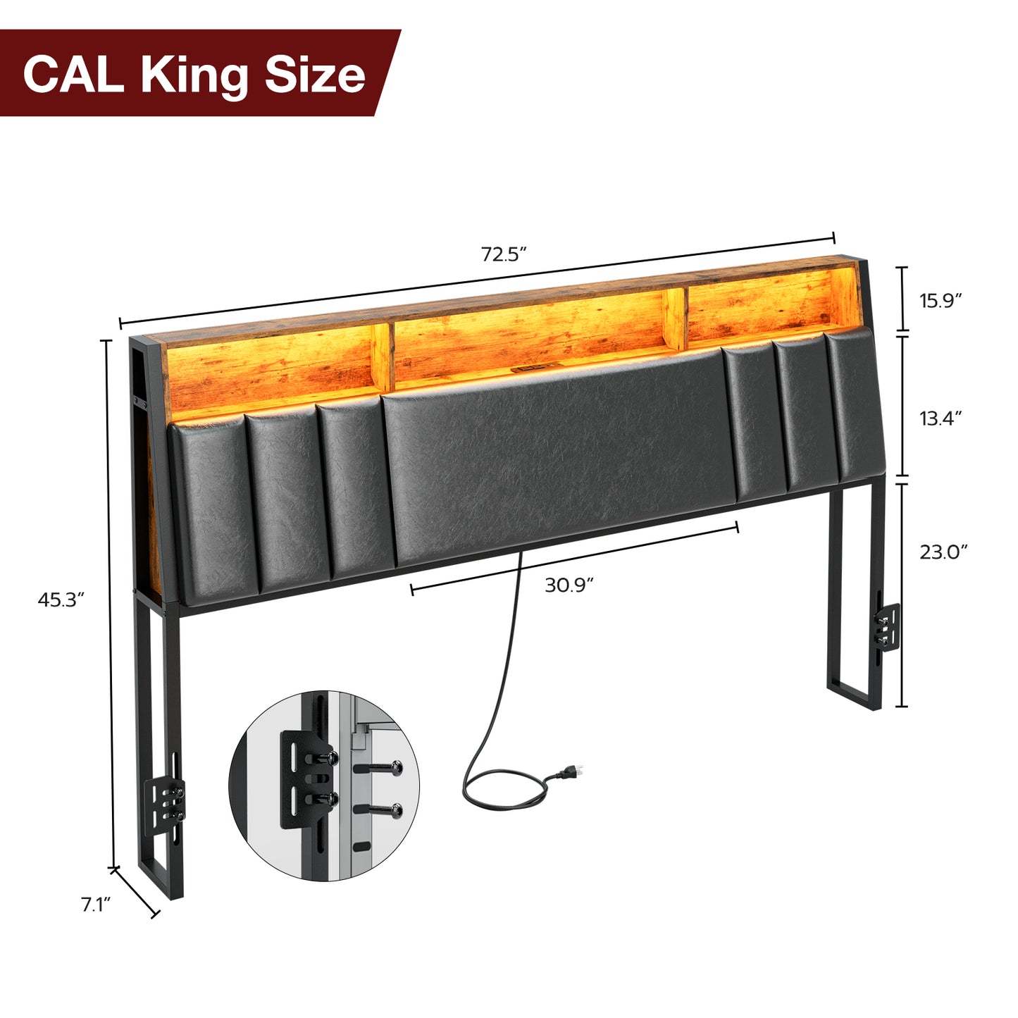Headboard with Charging Station, LED Lights and Hidden Storage