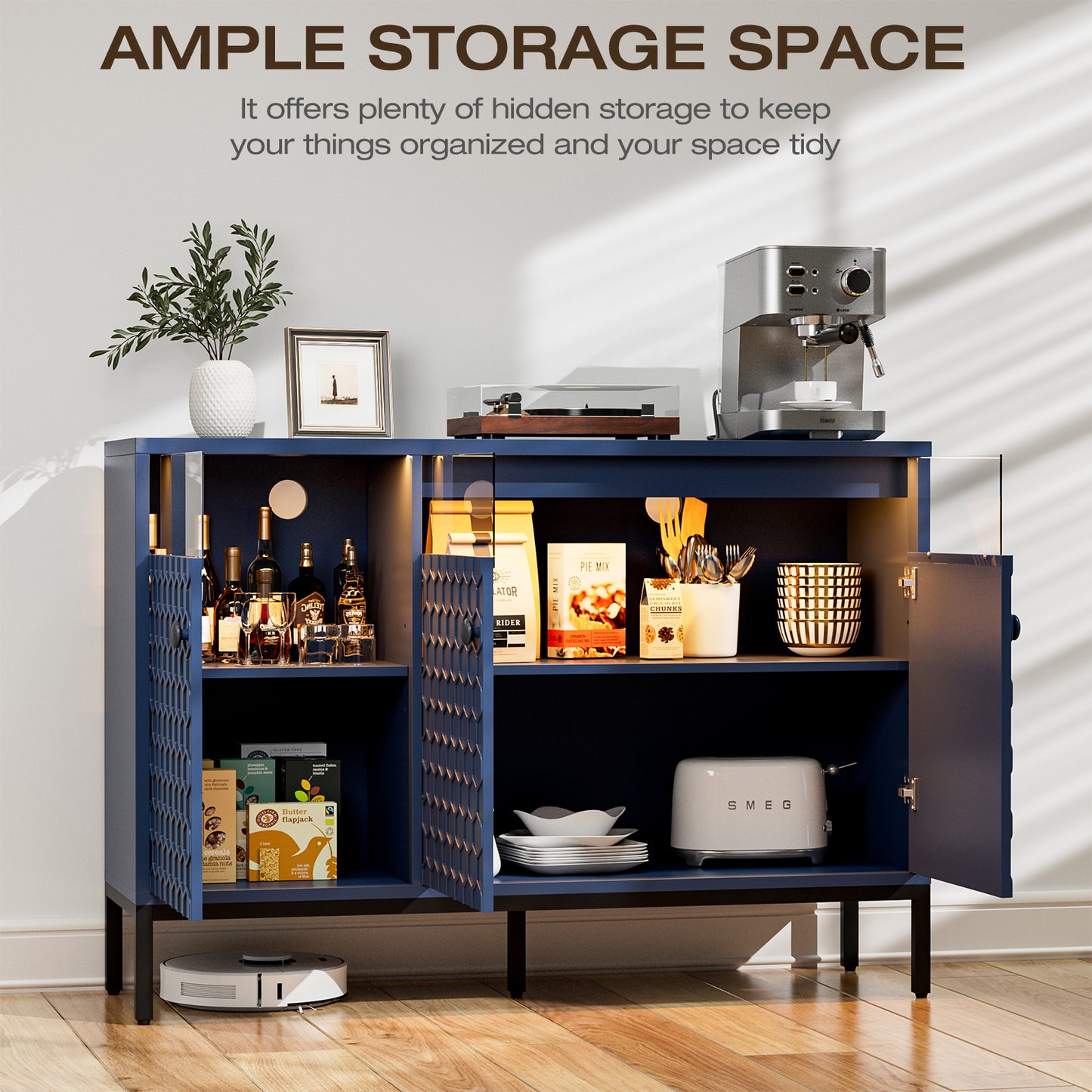 LED Buffet Cabinet with Power Outlet,3 Doors Sideboard Cabinet Table