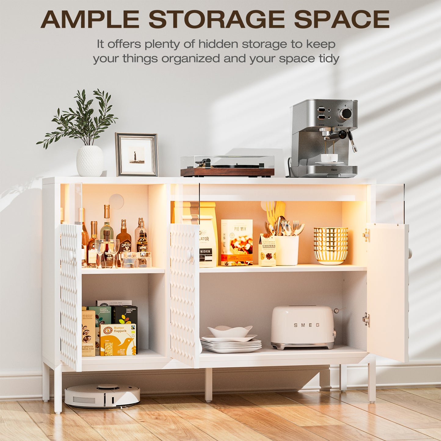 LED Buffet Cabinet with Power Outlet,3 Doors Sideboard Cabinet Table